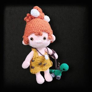 Crocheted Pebbles Doll With Toy Dinosaur Amigurumi Flintstones Handmade Vintage